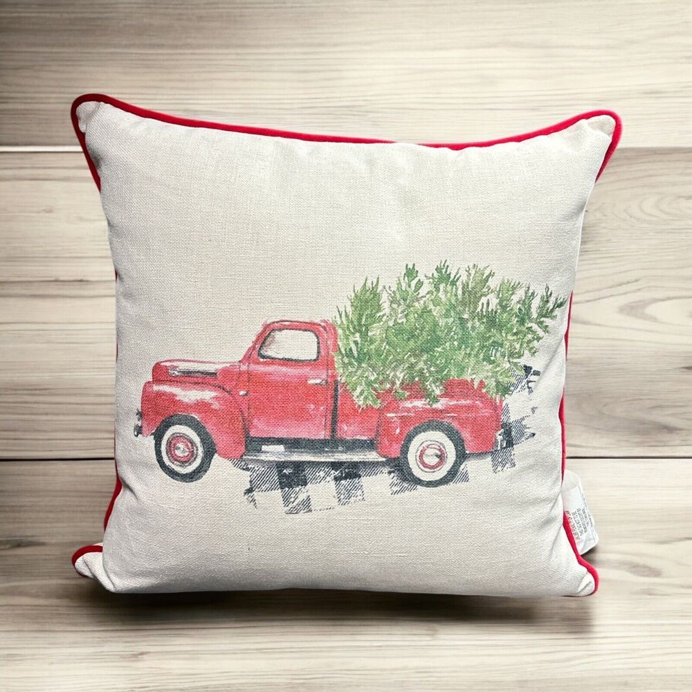 Red Truck Christmas Tree Delivery Pillow • 19" x 19" •‎ Newport Home Holiday